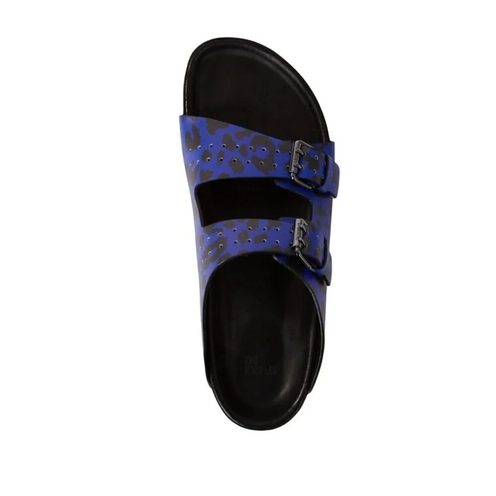 Blue Leopard-Print Leather Sandals With Adjustable Buckles & Stud Details By The